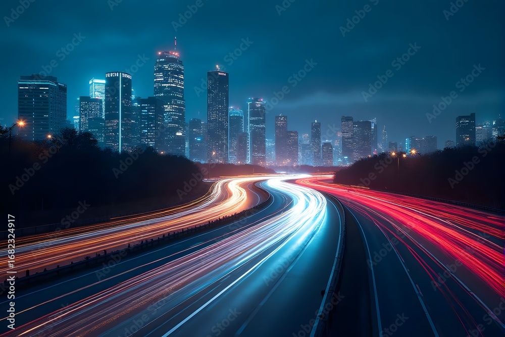 Fototapeta premium Night cityscape with illuminated skyscrapers and light trails on a highway.