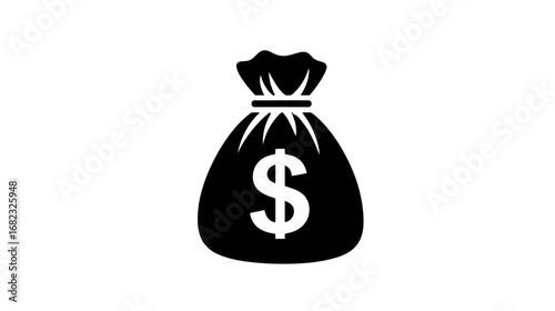 An iconic money bag symbolizes wealth and finance. The dollar sign emphasizes the connection to currency and economic transactions, making it ideal for financial-focused content.