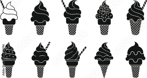 Vector ice cream cone silhouette set, soft serve dessert icons, summer sweet treat illustration, black and white clipart collection