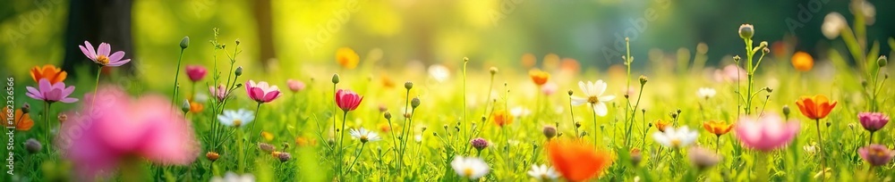 Fototapeta premium A vibrant spring meadow bursting with wildflowers, bathed in the warm sunlight of a perfect day, ideal for a picnic or leisurely stroll , blossom, stroll