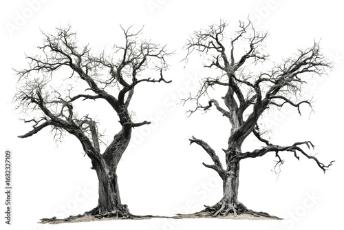 Gnarled bare trees isolated on transparent background. Old dead spooky trees isolated on white background.