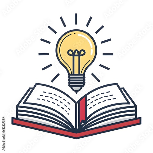 Open book with a light bulb shining above it isolated on white background