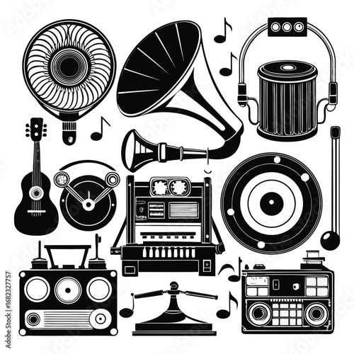 Black & White Music Elements: Grunge & Vintage Audio Collection