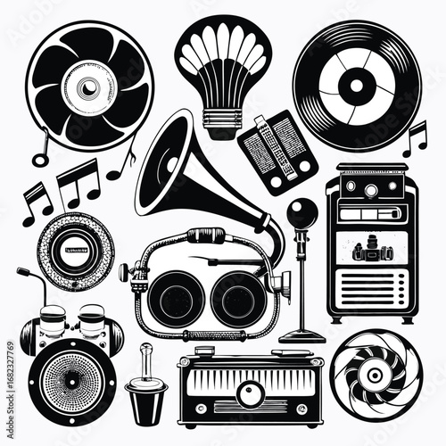 Black & White Music Elements: Grunge & Vintage Audio Collection