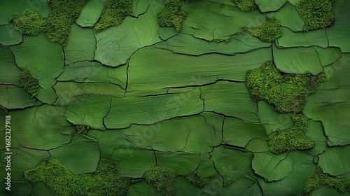 A vibrant green textured background mimicking cracked bark or peeling paint, with patches of moss adding organic detail and creating a rich, natural surface with depth and imperfections.