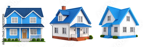 Three 3D Plastic Style Semi-Detached Houses with Blue Roofs and White Exterior Facades Set Against Transparent Background