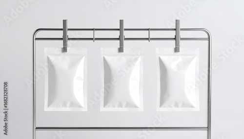 Elegant product mockup of three glossy white sachets clipped to a minimalist metal rack, isolated on a clean light gray background for branding