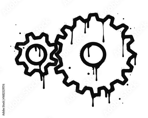Spray painted graffiti of moving gears wheels in black over white. gear icon drip symbol. isolated on white background. vector illustration