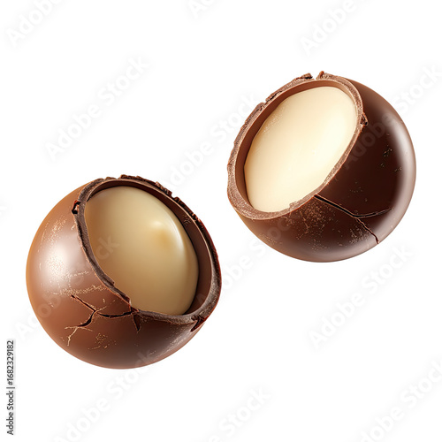Two halves of a milk chocolate confectionery,  showing a creamy, light-colored filling