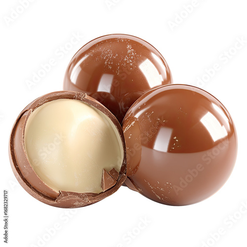 Three glossy, dark-brown chocolate truffles, one cracked open to reveal a creamy, off-white filling