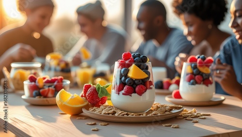Yogurt with fruit and granola for breakfast