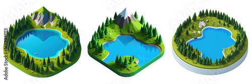 Isometric 3D Plastic Style Lake Landscapes Surrounded by Green Forest Trees Under Blue Skies Depicting Mountains And Water Elements
