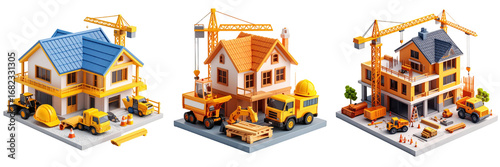 Isometric 3D Plastic Style Construction Site Depicting Building Development with Orange Cranes and Yellow Equipment in a White Isolated Background