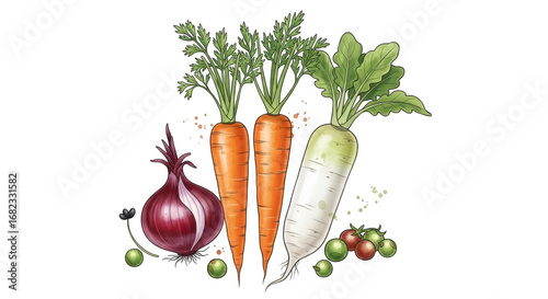 A collection of root vegetables and tomatoes, including a red onion, carrots, daikon radish, and cherry tomatoes isolated on transparent background