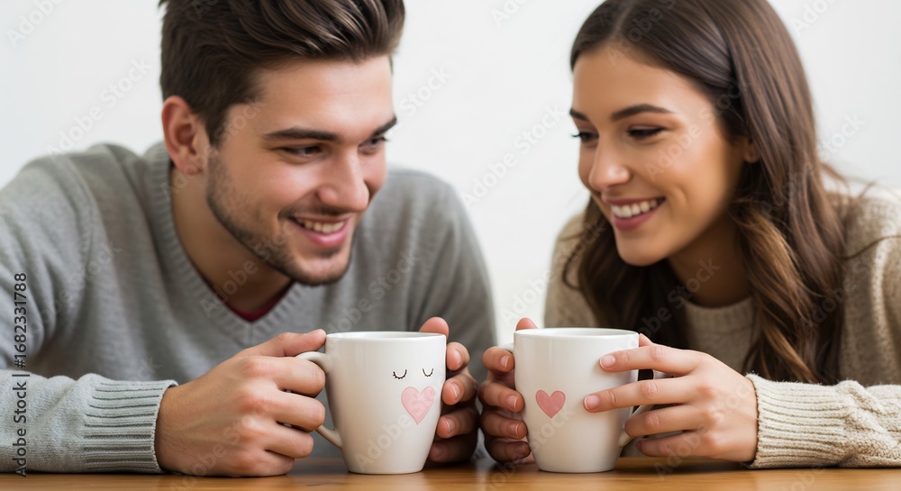 Happy couple enjoys warm drinks soft light. AI Generated