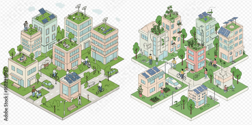 Isometric illustration of a sustainable green city featuring eco-friendly buildings with solar panels, green roofs, and active residents.