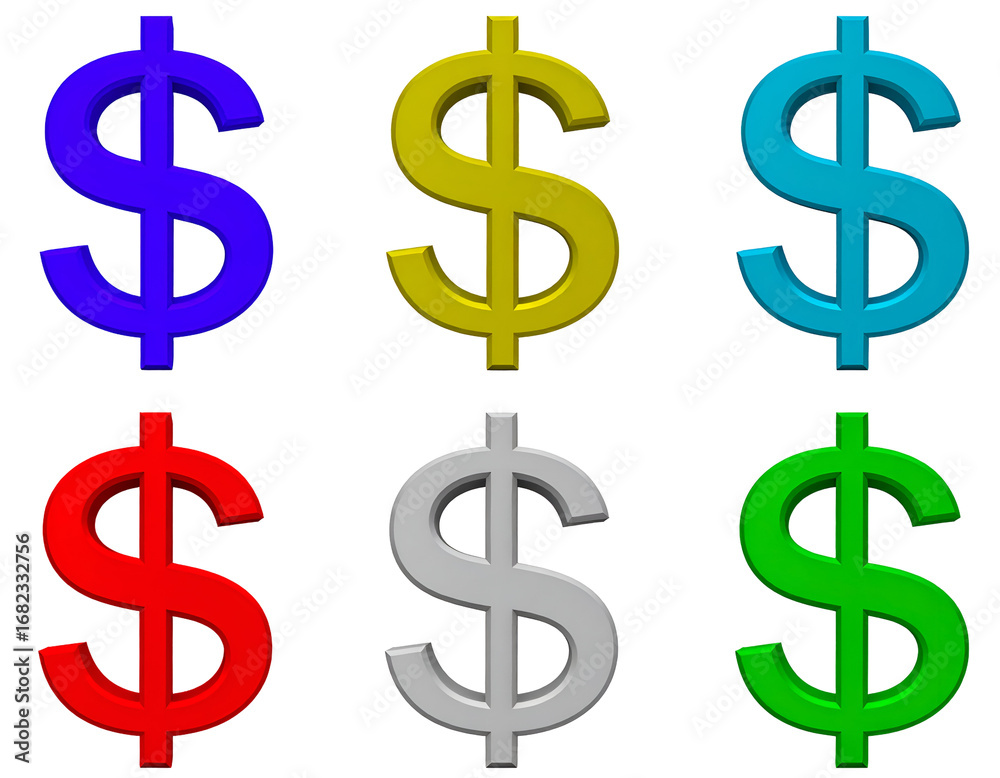 Obraz premium Six colorful dollar symbols arranged in two rows against a solid black background