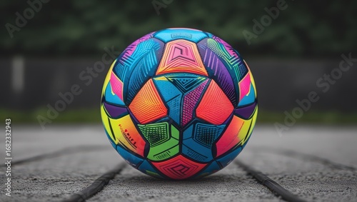 A colorful soccer ball on wooden surface