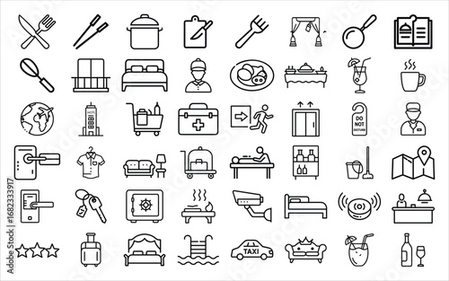 Hotel services and facilities icons isolated on white background