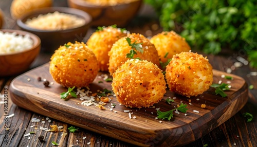 Golden fried potato balls on a wooden board.  Crispy, flavorful