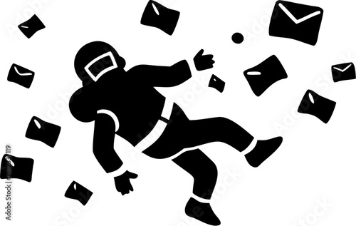 A football player in midair surrounded by floating envelopes and a small ball in black and white style silhouette