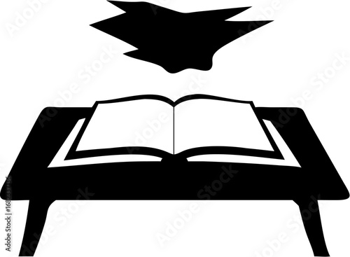 A black and white illustration of an open book on a table with a dark shape floating above it in the air silhouette