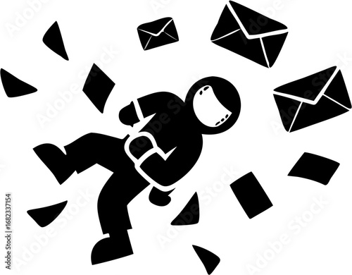 Silhouette of a person surrounded by envelopes and geometric shapes in a chaotic arrangement style