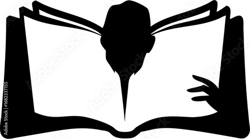 Silhouette of person reading an open book with hand visible on the right side of the image frame