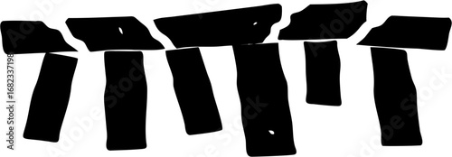 Silhouette depiction of a stonehenge like structure with multiple upright stones and horizontal caps