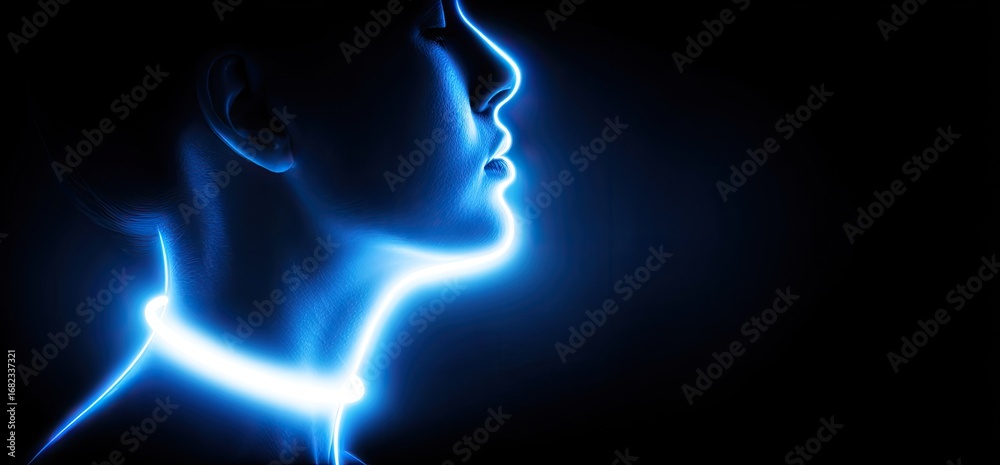 Fototapeta premium A striking profile view of a female figure, highlighted by a vibrant blue light emanating from the neck area, creating a captivating and ethereal image.