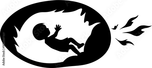 Silhouette of a baby floating inside an abstract shape with flame like extensions on the right side