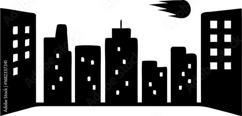 Silhouette of a cityscape with buildings and windows under a comet in the sky at night time scene view