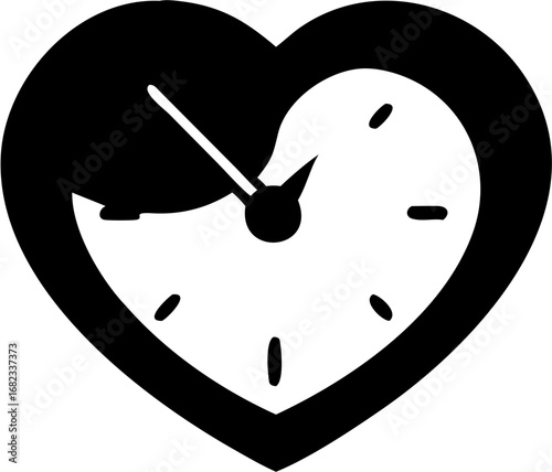 Black heart shaped clock with hands indicating time and some liquid inside on a white background silhouette