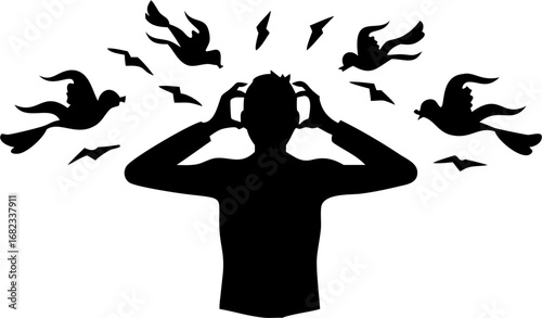 Silhouette of stressed person with hands on head surrounded by birds and lightning bolts in black and white