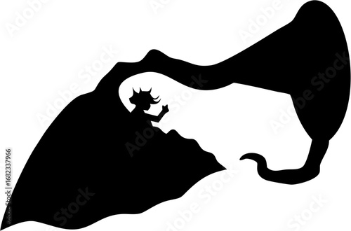 Silhouette of a horned figure in a cave like structure with a large horn like shape extending out