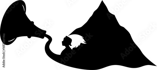 Silhouette of a woman with white hair connected to a gramophone and a mountain in black and white