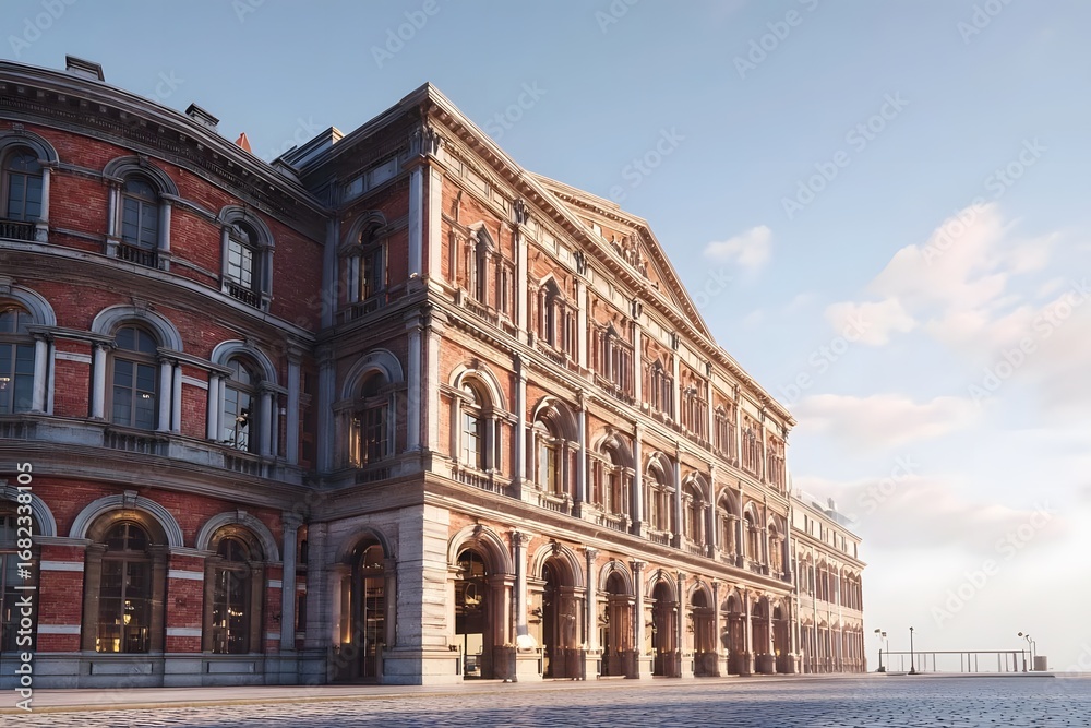 Fototapeta premium A grand historic building with arched windows under clear blue skies.