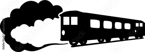 A black silhouette of a train with multiple windows and smoke coming from the front on a white background