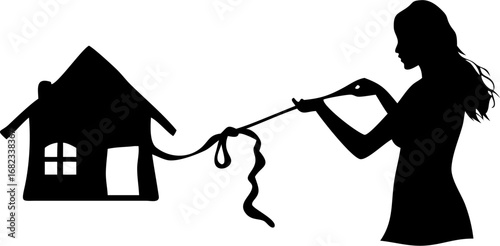 Silhouette of a woman pulling a house with a ribbon in a black and white illustration style image