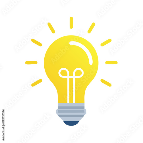 Glowing yellow lightbulb icon with radiating light, symbolizing a brilliant idea, creativity, innovation, and inspiration. Flat vector illustration isolated on a white background