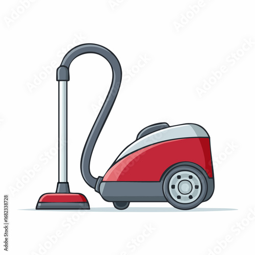Modern red canister vacuum cleaner illustration featuring a powerful suction hose and nozzle, designed for efficient home cleaning and maintaining a tidy living space
