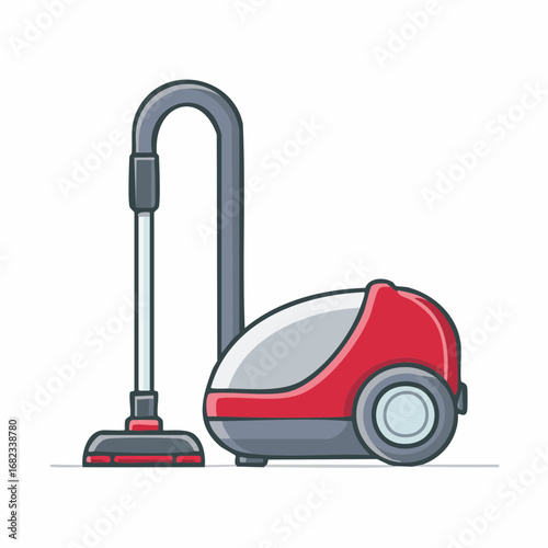 Modern red canister vacuum cleaner illustration for home cleaning and domestic chores, a symbol of household hygiene and tidiness
