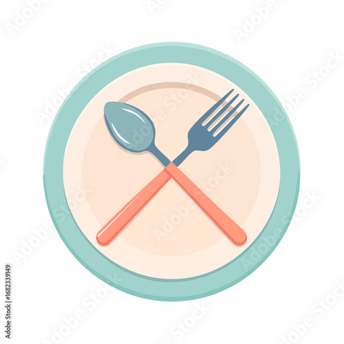 A minimalist flat icon of a crossed spoon and fork on a dinner plate. A simple symbol representing dining, mealtime, a restaurant menu, and the concept of food