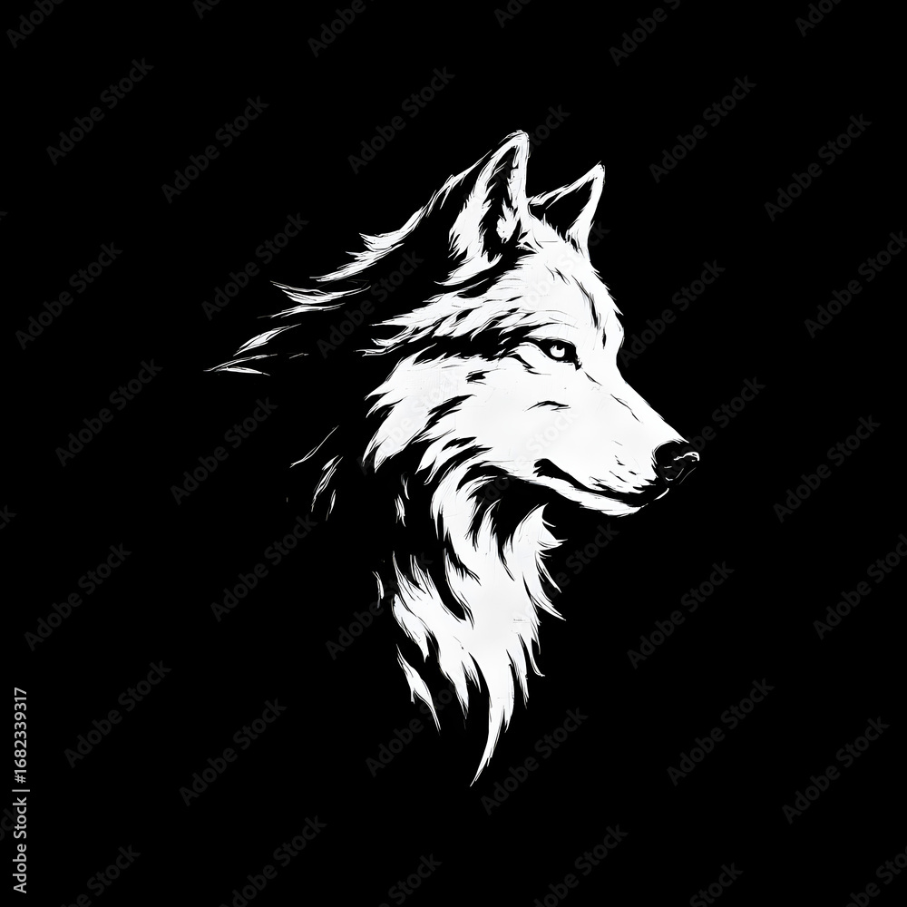 Naklejka premium Flat logo wolf hand drawn tyle on a black background Hand Drawn style.