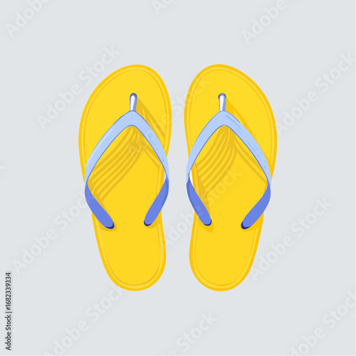 Simple flat vector illustration of yellow beach thong sandals with blue straps, perfect for representing a casual summer lifestyle and holiday relaxation