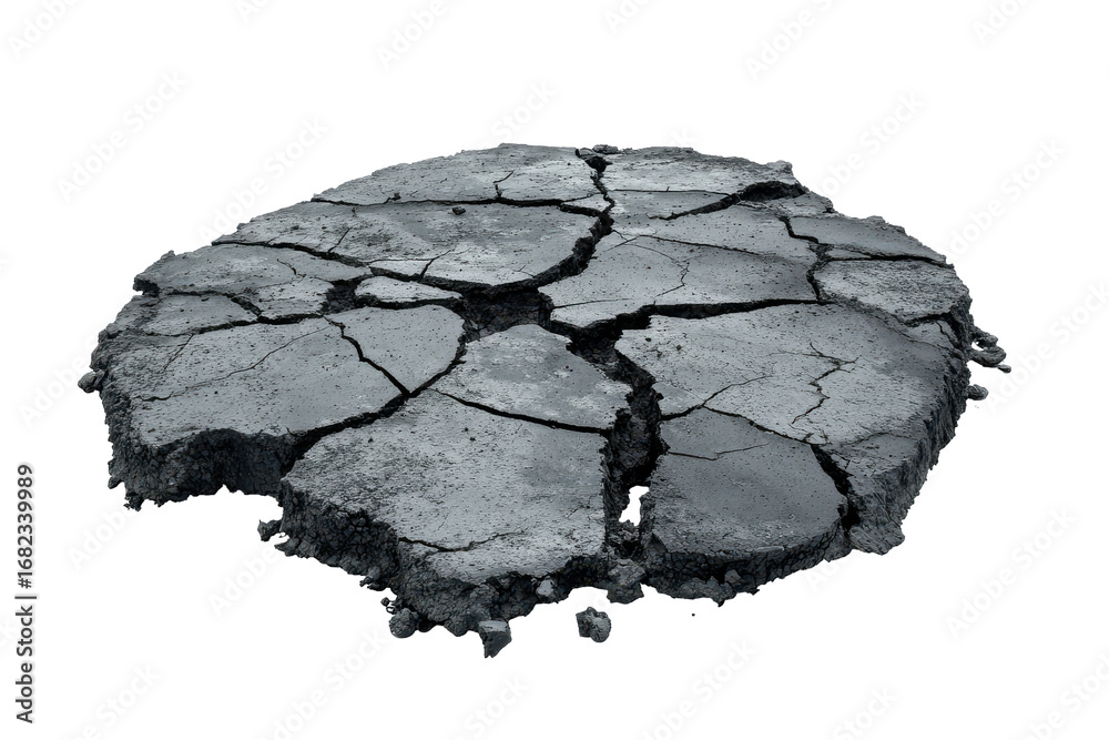 Naklejka premium Cracked earth texture isolated on transparent background. The texture of cracked old asphalt in need of repair isolated on white background.
