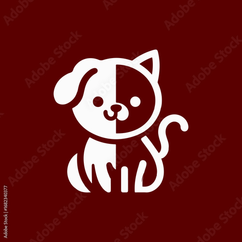 Adorable dog and cat logo design on maroon background.