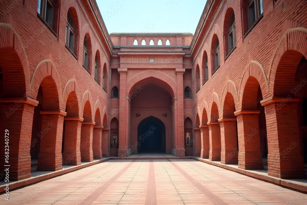 Obraz premium Architectural courtyard with red brick arches and central arched entrance.