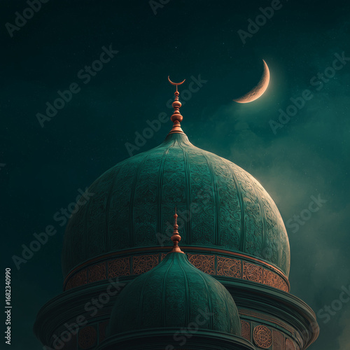 Golden Crescent and Mosque Minarets on 12 Rabi ul Awal Background 