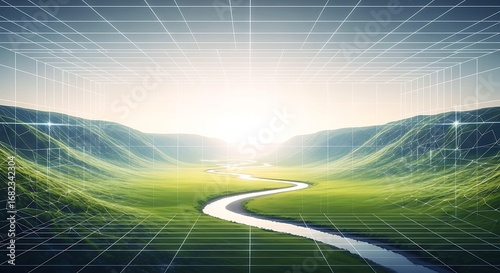 A vibrant digital landscape featuring a winding river through lush green valleys, overlaid with a futuristic wireframe grid. Blending nature and technology seamlessly.